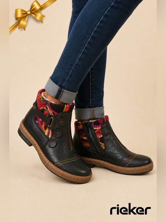 Rieker Shoes - Rieker Black Leather Ankle Boots Faux Fur Lined Colorful Stitching US 11 NWT